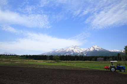 耕された畑と妙高山