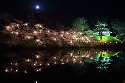 月と高田城三重櫓と夜桜