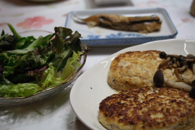 豆腐ハンバーグとサラダと煮魚